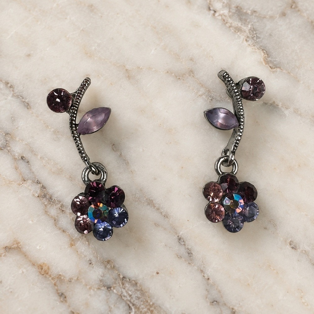 Vintage‎ Y2K Purple Rhinestone Floral Dangle Earrings Fairycore Whimsigoth